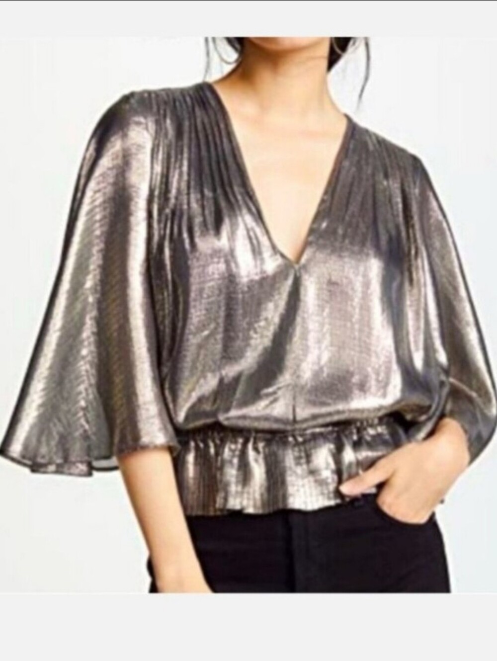 Ramy Brook Tonya Popover Platinum Metallic Silk V-Neck Top, Size XS